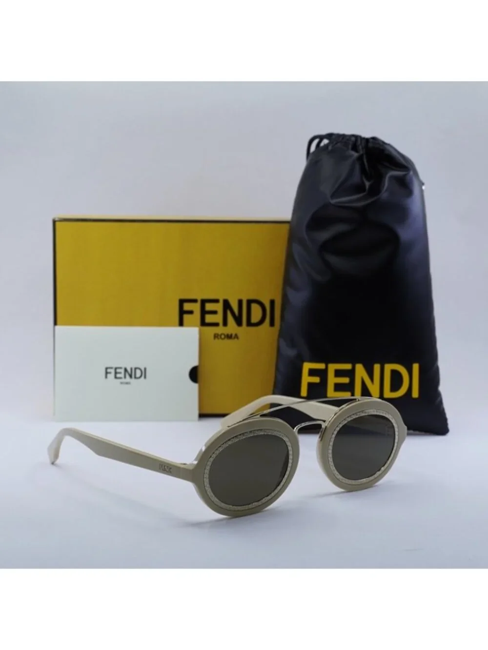 Fendi FE40094I 25E Sunglasses Ivory/Gold Oval Frame, Brown Lenses